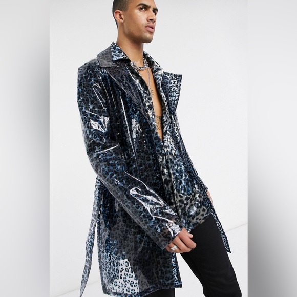 Leopard print trench coat vinyl mens ASOS ONE above the other - Picture 1 of 7
